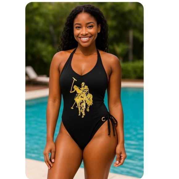 US POLO ASSN Black One Piece Swimsuit Gold Logo Jrs M - Picture 1 of 9